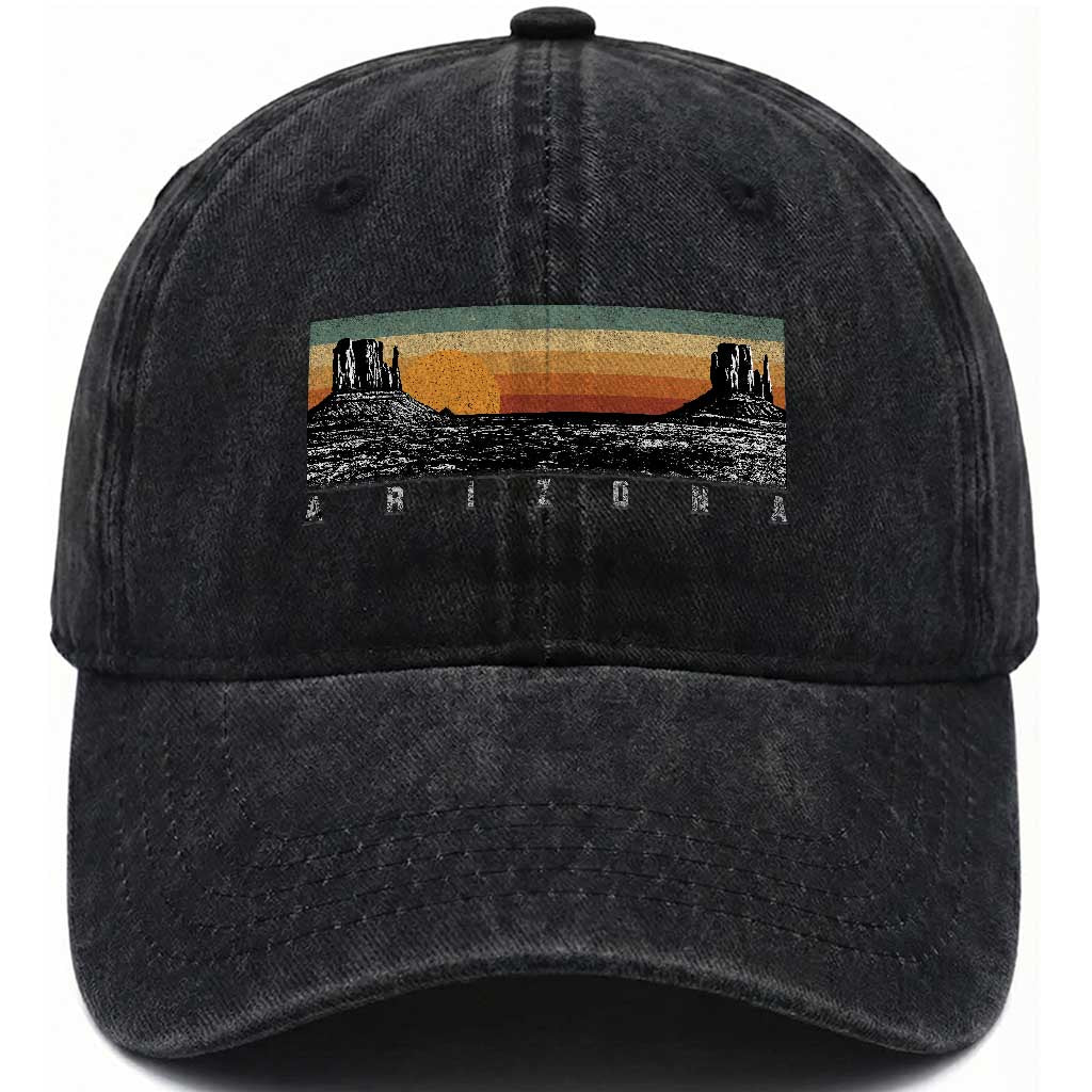Retro Arizona Sunset Monument Valley Graphic Washed Cotton Baseball Cap Panoramic Desert Red Rocks Landscape Souvenir