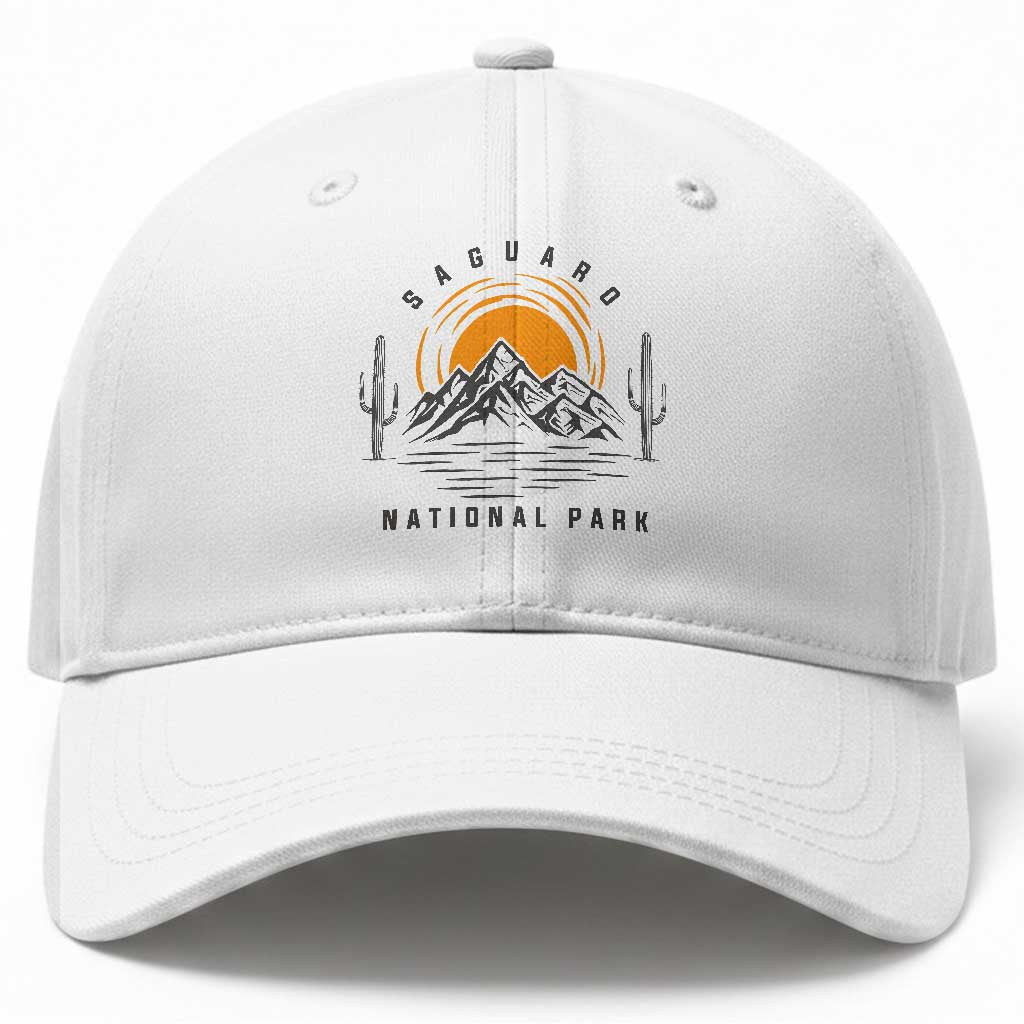 Retro Saguaro National Park Sunset Graphic Baseball Cap Vintage Arizona Desert Mountain Badge Souvenir