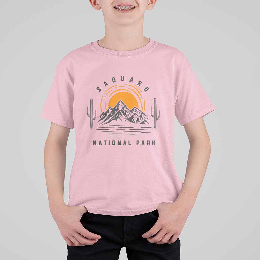 Retro Saguaro National Park Sunset Graphic T Shirt For Kid Vintage Arizona Desert Mountain Badge Souvenir