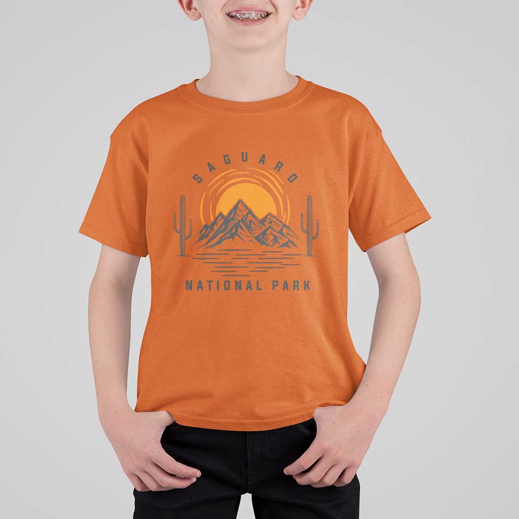 Retro Saguaro National Park Sunset Graphic T Shirt For Kid Vintage Arizona Desert Mountain Badge Souvenir