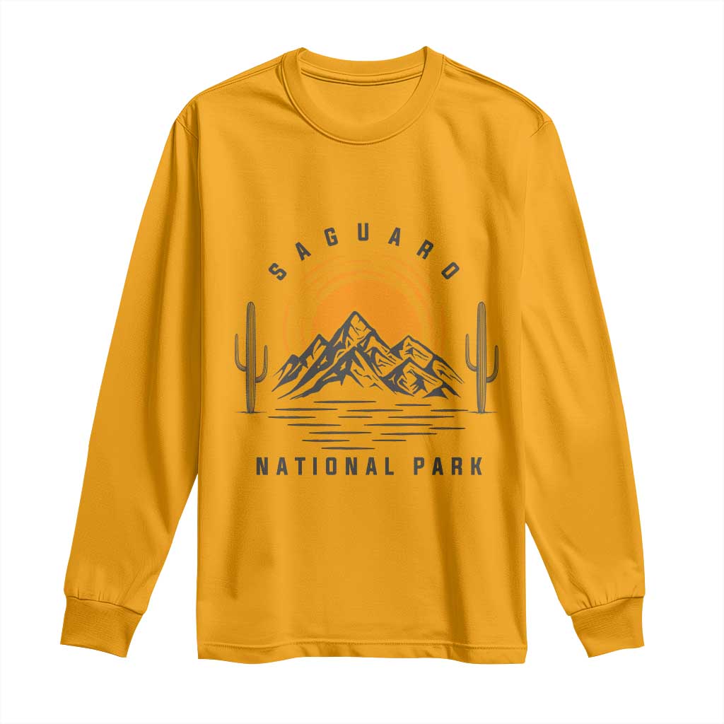Retro Saguaro National Park Sunset Graphic Long Sleeve Shirt Vintage Arizona Desert Mountain Badge Souvenir