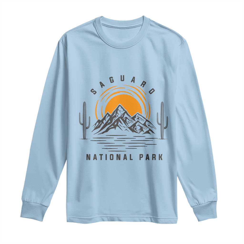Retro Saguaro National Park Sunset Graphic Long Sleeve Shirt Vintage Arizona Desert Mountain Badge Souvenir