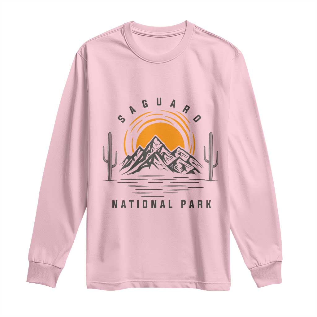 Retro Saguaro National Park Sunset Graphic Long Sleeve Shirt Vintage Arizona Desert Mountain Badge Souvenir