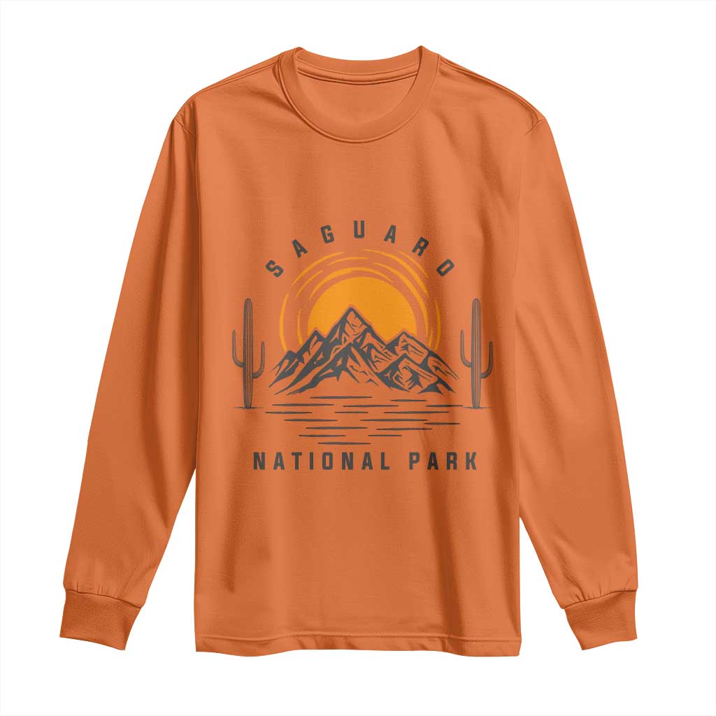 Retro Saguaro National Park Sunset Graphic Long Sleeve Shirt Vintage Arizona Desert Mountain Badge Souvenir