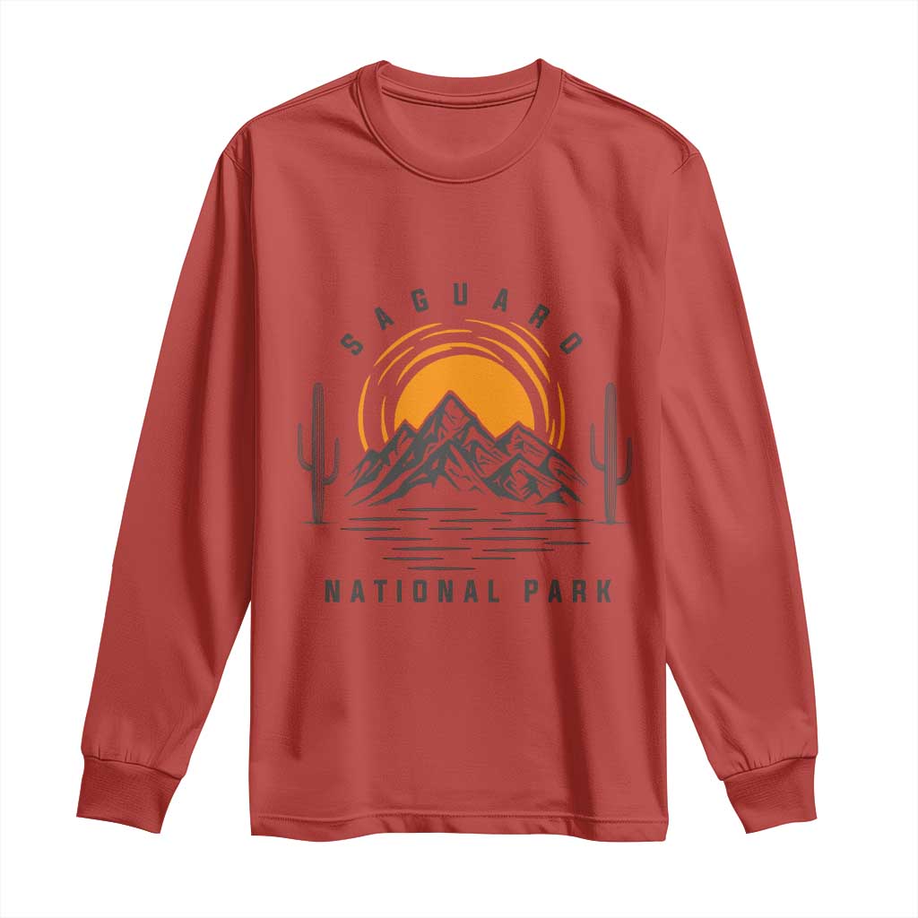 Retro Saguaro National Park Sunset Graphic Long Sleeve Shirt Vintage Arizona Desert Mountain Badge Souvenir