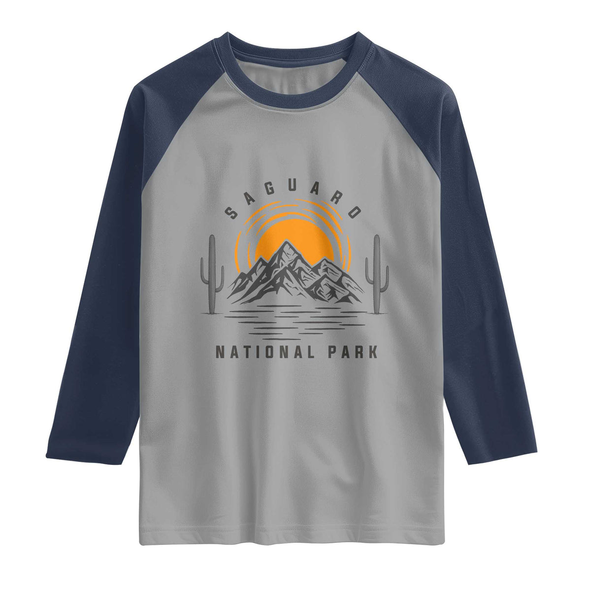 Retro Saguaro National Park Sunset Graphic Raglan Shirt Vintage Arizona Desert Mountain Badge Souvenir