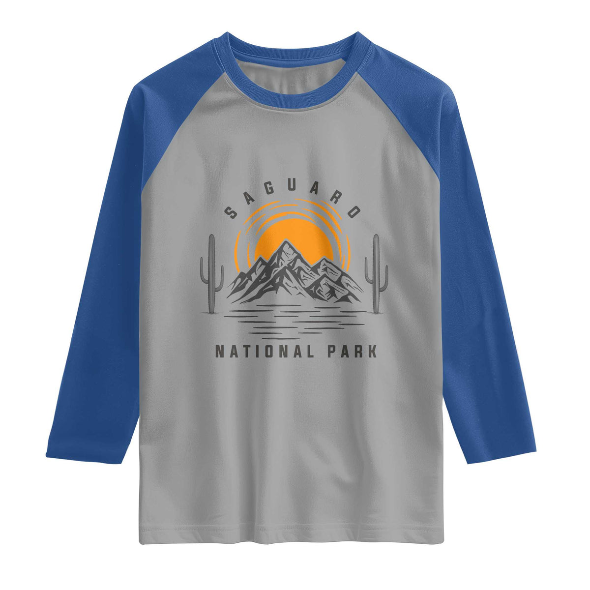 Retro Saguaro National Park Sunset Graphic Raglan Shirt Vintage Arizona Desert Mountain Badge Souvenir