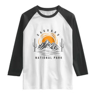 Retro Saguaro National Park Sunset Graphic Raglan Shirt Vintage Arizona Desert Mountain Badge Souvenir