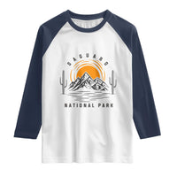 Retro Saguaro National Park Sunset Graphic Raglan Shirt Vintage Arizona Desert Mountain Badge Souvenir