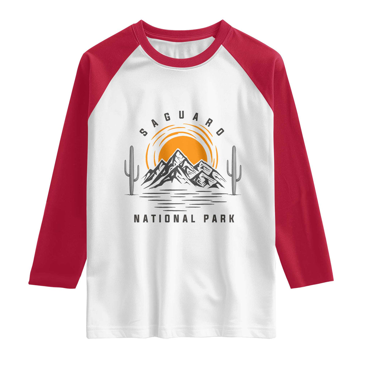 Retro Saguaro National Park Sunset Graphic Raglan Shirt Vintage Arizona Desert Mountain Badge Souvenir
