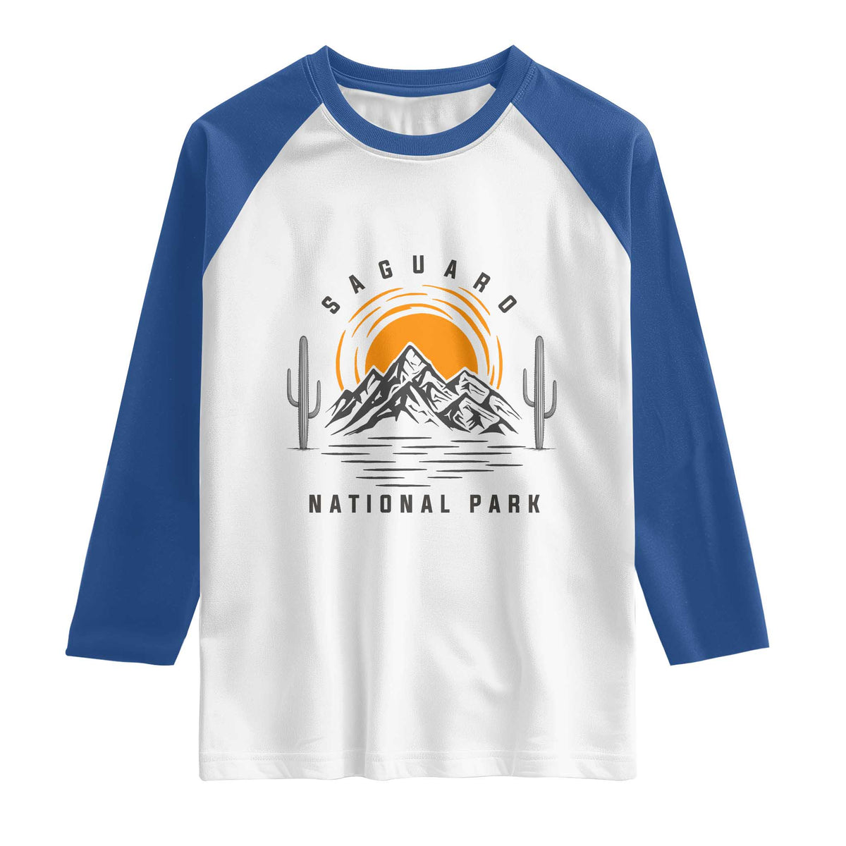 Retro Saguaro National Park Sunset Graphic Raglan Shirt Vintage Arizona Desert Mountain Badge Souvenir