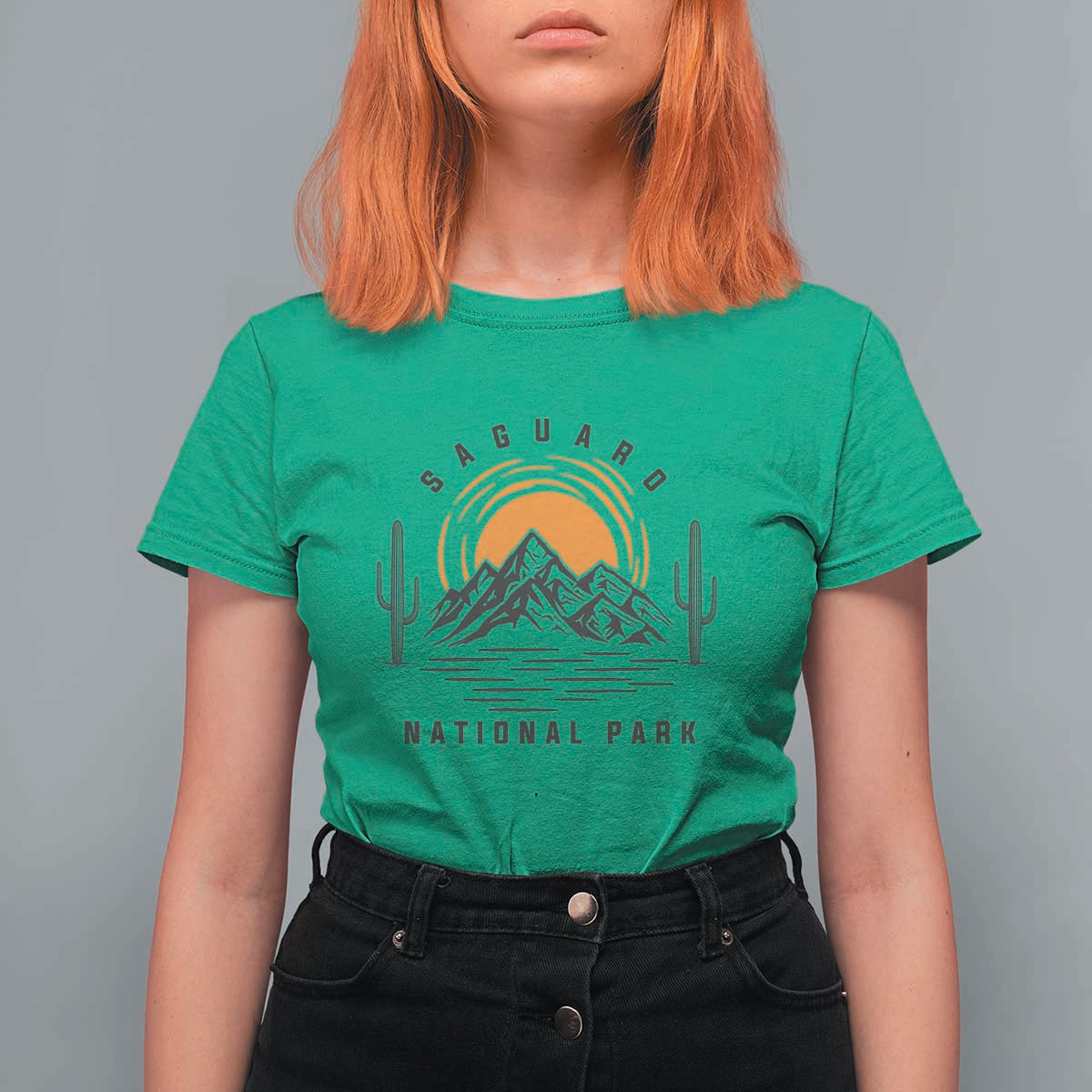 Retro Saguaro National Park Sunset Graphic T Shirt For Women Vintage Arizona Desert Mountain Badge Souvenir