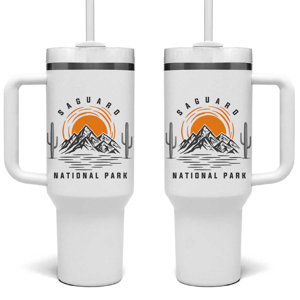 Retro Saguaro National Park Sunset Graphic Tumbler With Handle Vintage Arizona Desert Mountain Badge Souvenir