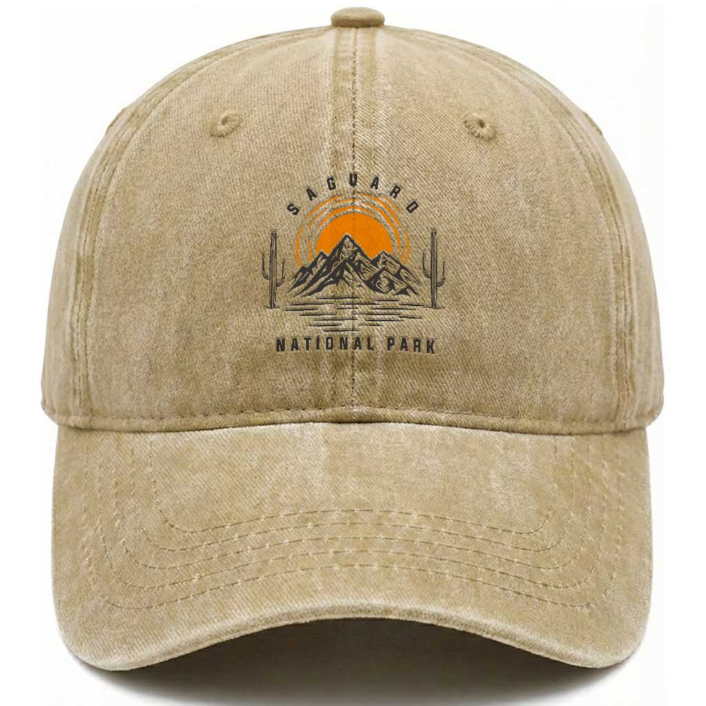 Retro Saguaro National Park Sunset Graphic Washed Cotton Baseball Cap Vintage Arizona Desert Mountain Badge Souvenir
