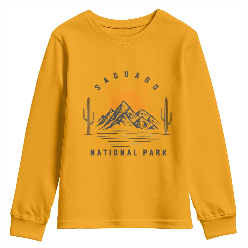 Retro Saguaro National Park Sunset Graphic Youth Sweatshirt Vintage Arizona Desert Mountain Badge Souvenir