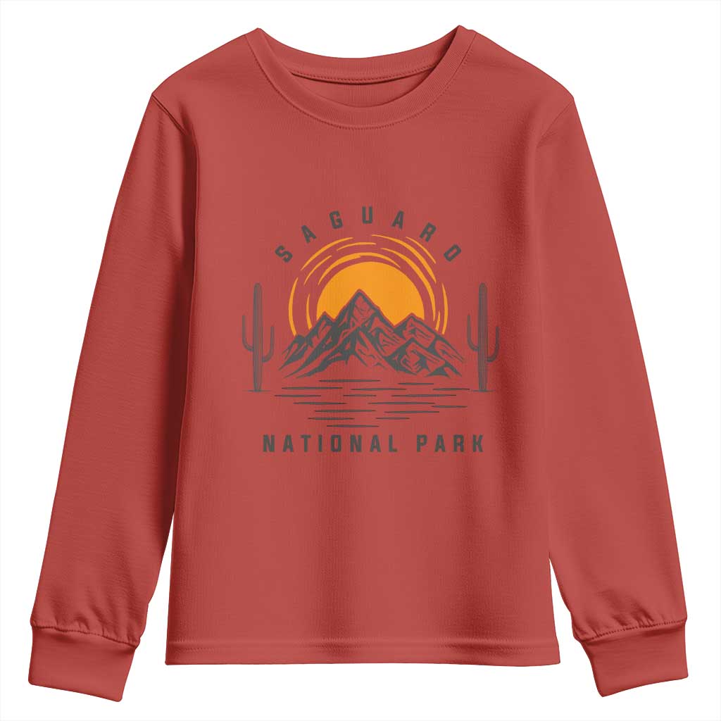 Retro Saguaro National Park Sunset Graphic Youth Sweatshirt Vintage Arizona Desert Mountain Badge Souvenir