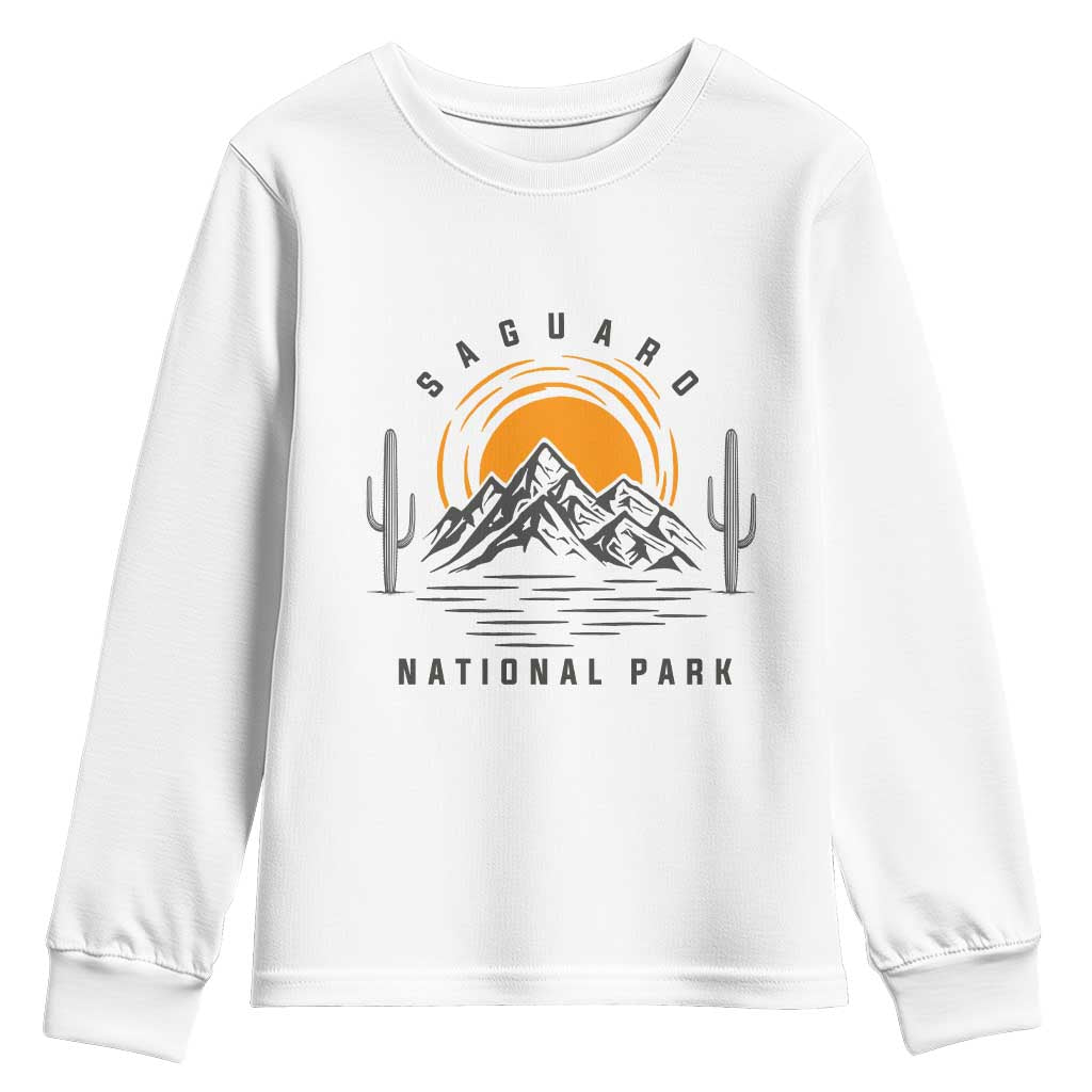 Retro Saguaro National Park Sunset Graphic Youth Sweatshirt Vintage Arizona Desert Mountain Badge Souvenir