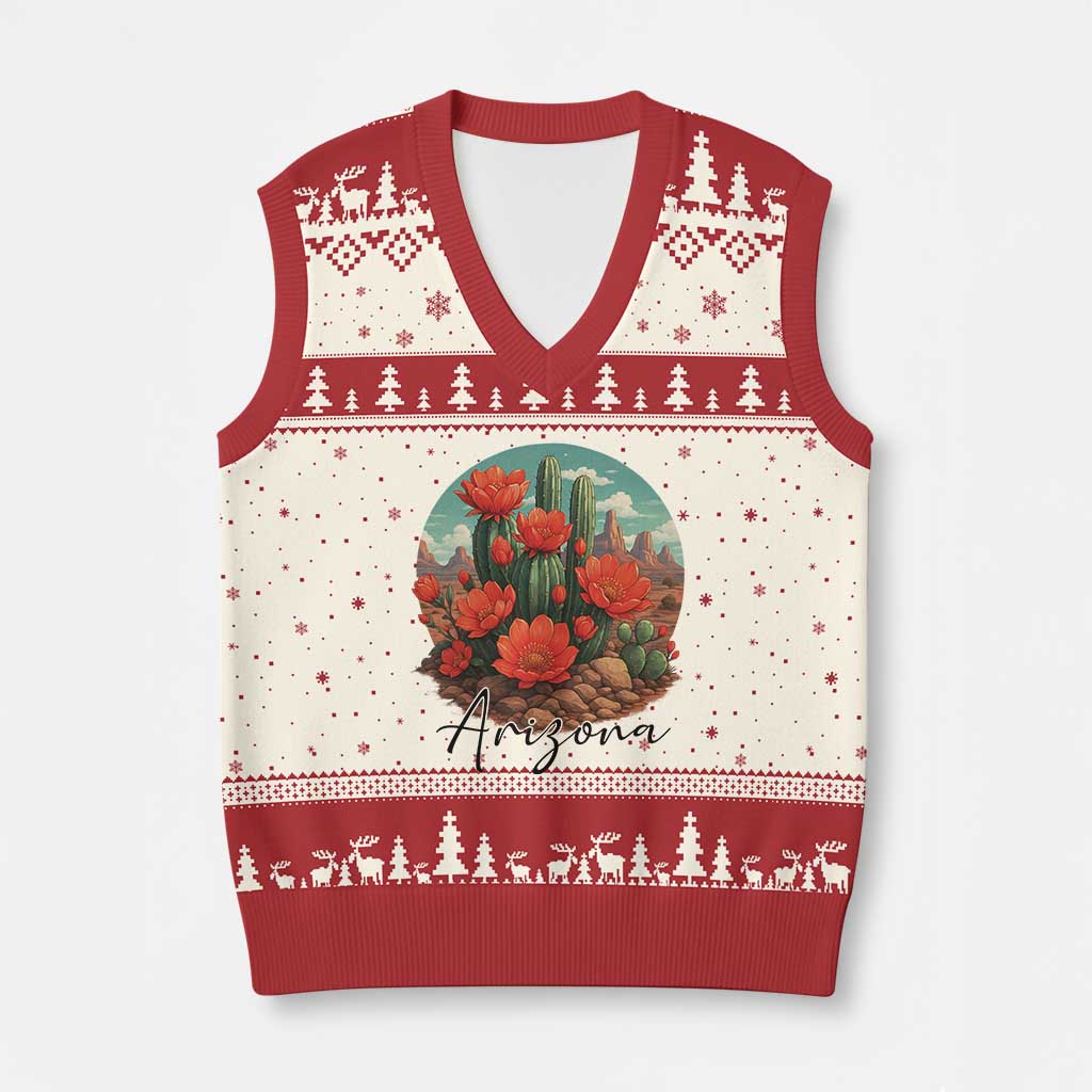 Beautiful Blooming Cactus Flower Arizona Graphic V-Neck Knit Sweater Vest Vintage Desert Botanical Floral Nature Souvenir
