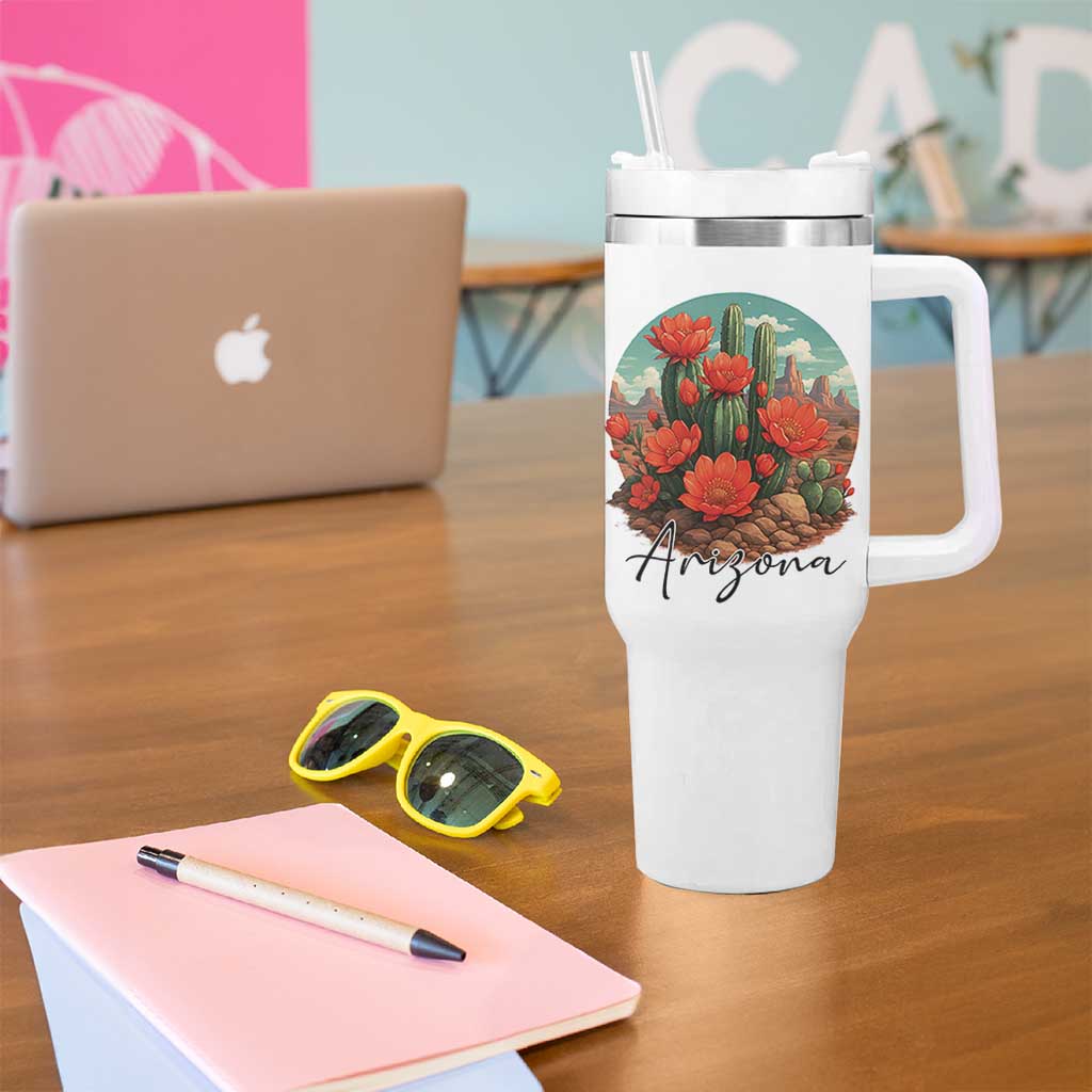 Beautiful Blooming Cactus Flower Arizona Graphic Tumbler With Handle Vintage Desert Botanical Floral Nature Souvenir