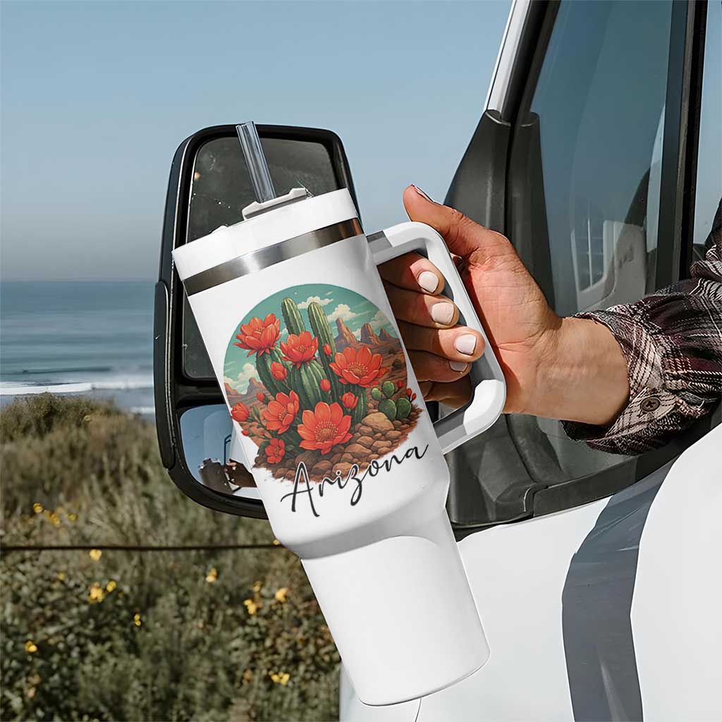 Beautiful Blooming Cactus Flower Arizona Graphic Tumbler With Handle Vintage Desert Botanical Floral Nature Souvenir
