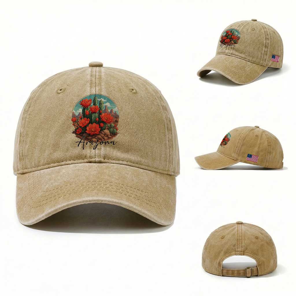 Beautiful Blooming Cactus Flower Arizona Graphic Washed Cotton Baseball Cap Vintage Desert Botanical Floral Nature Souvenir