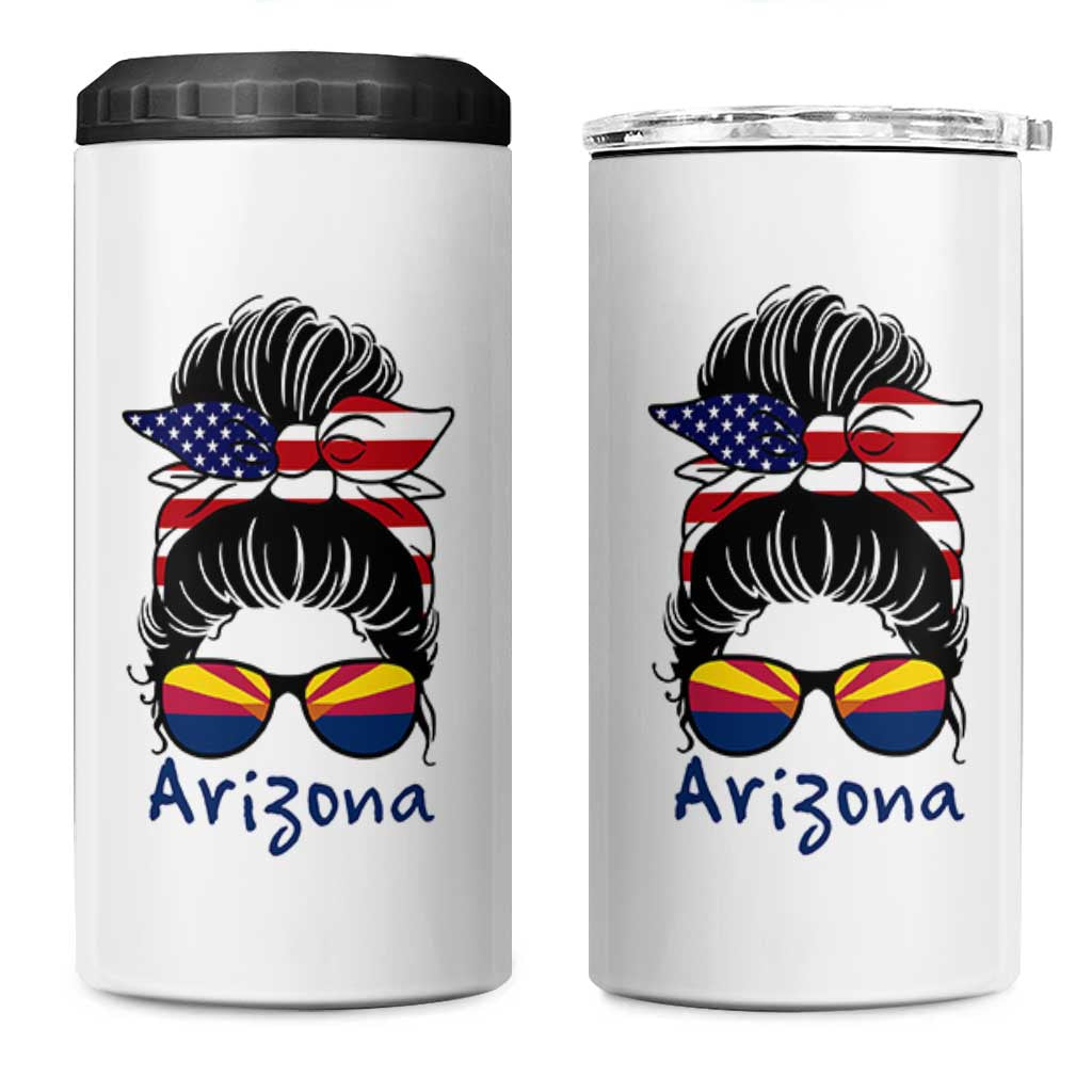 Patriotic Arizona Messy Bun Girl Graphic 4 in 1 Can Cooler Tumbler American Flag Sunglasses Southwest State Pride Souvenir