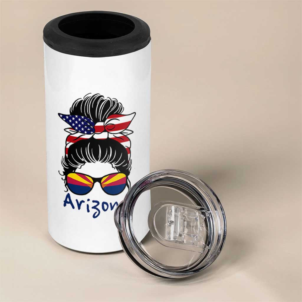 Patriotic Arizona Messy Bun Girl Graphic 4 in 1 Can Cooler Tumbler American Flag Sunglasses Southwest State Pride Souvenir
