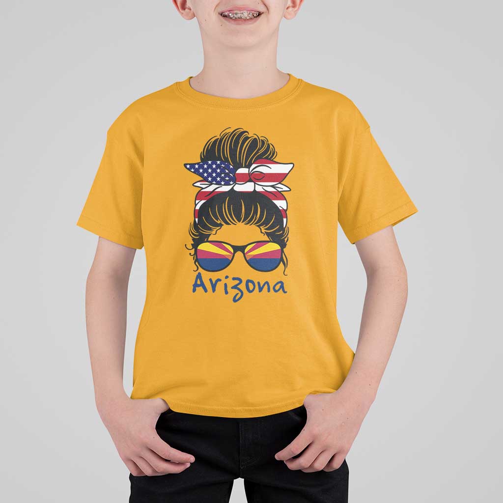 Patriotic Arizona Messy Bun Girl Graphic T Shirt For Kid American Flag Sunglasses Southwest State Pride Souvenir