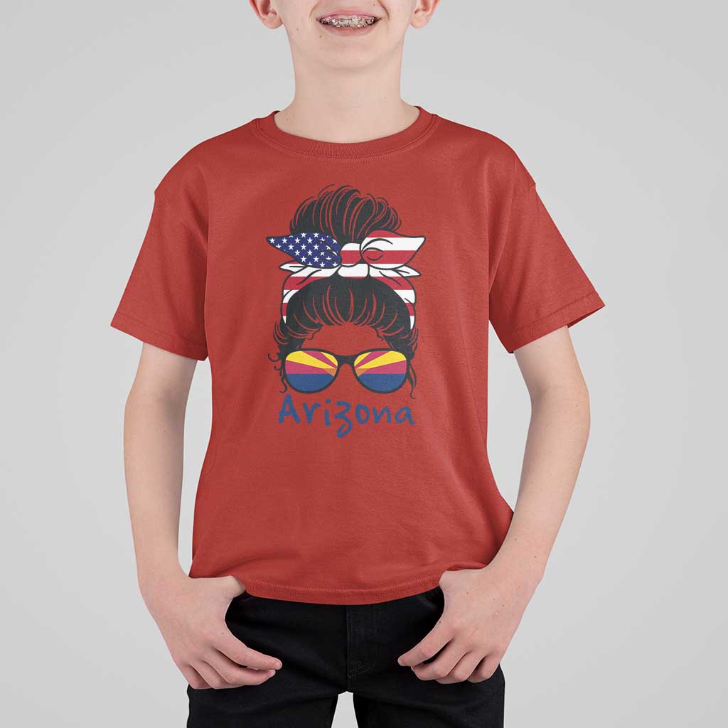 Patriotic Arizona Messy Bun Girl Graphic T Shirt For Kid American Flag Sunglasses Southwest State Pride Souvenir