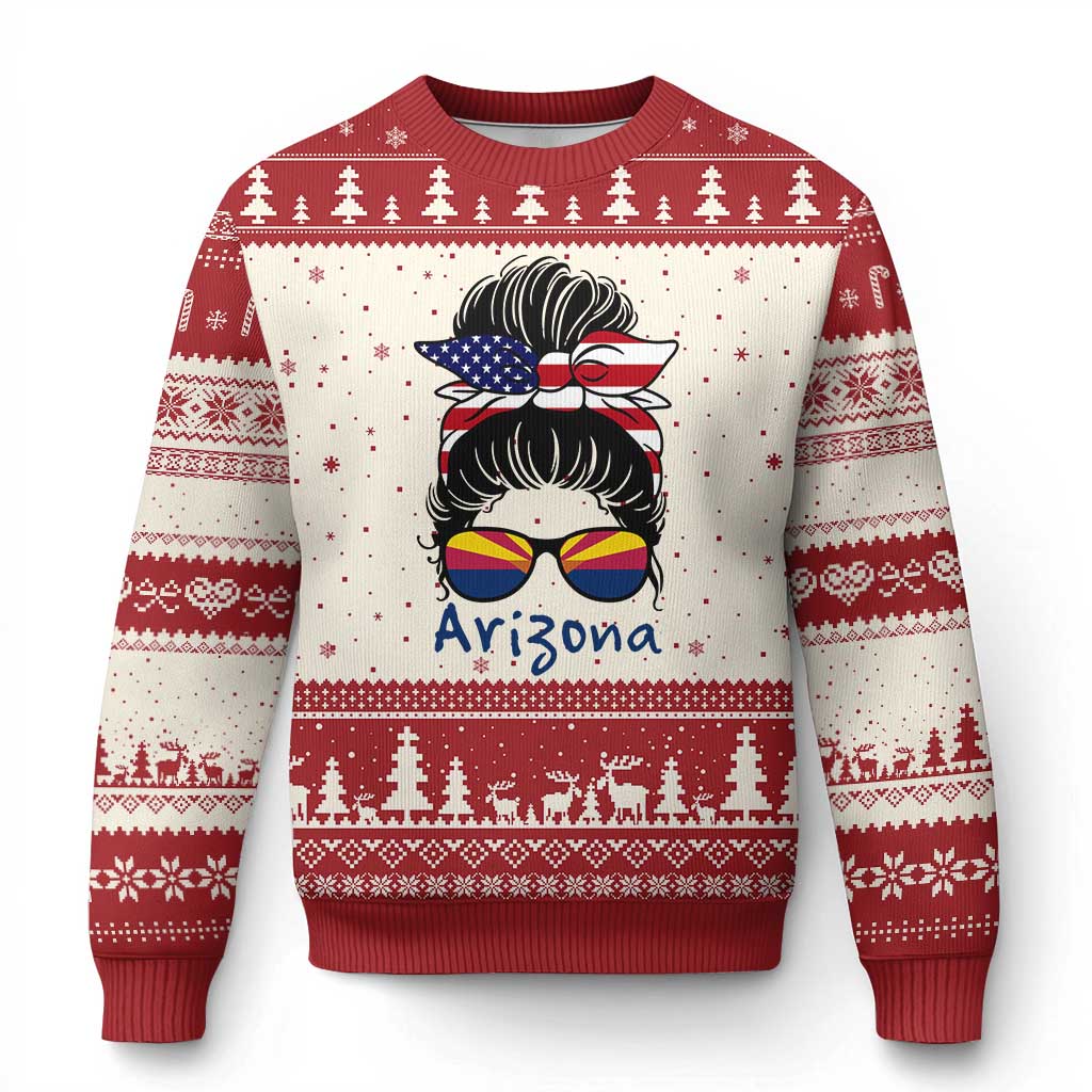 Patriotic Arizona Messy Bun Girl Graphic Ugly Christmas Sweater American Flag Sunglasses Southwest State Pride Souvenir