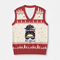 Patriotic Arizona Messy Bun Girl Graphic V-Neck Knit Sweater Vest American Flag Sunglasses Southwest State Pride Souvenir