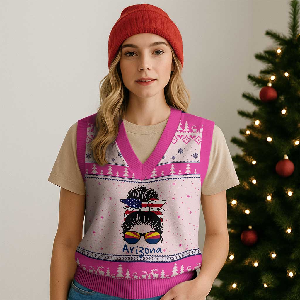 Patriotic Arizona Messy Bun Girl Graphic V-Neck Knit Sweater Vest American Flag Sunglasses Southwest State Pride Souvenir