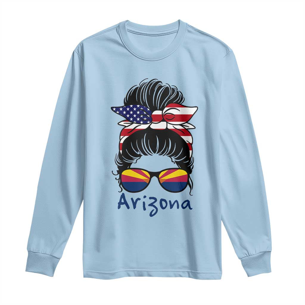 Patriotic Arizona Messy Bun Girl Graphic Long Sleeve Shirt American Flag Sunglasses Southwest State Pride Souvenir