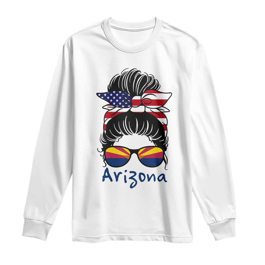 Patriotic Arizona Messy Bun Girl Graphic Long Sleeve Shirt American Flag Sunglasses Southwest State Pride Souvenir