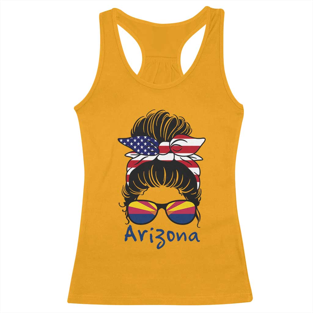 Patriotic Arizona Messy Bun Girl Graphic Racerback Tank Top American Flag Sunglasses Southwest State Pride Souvenir