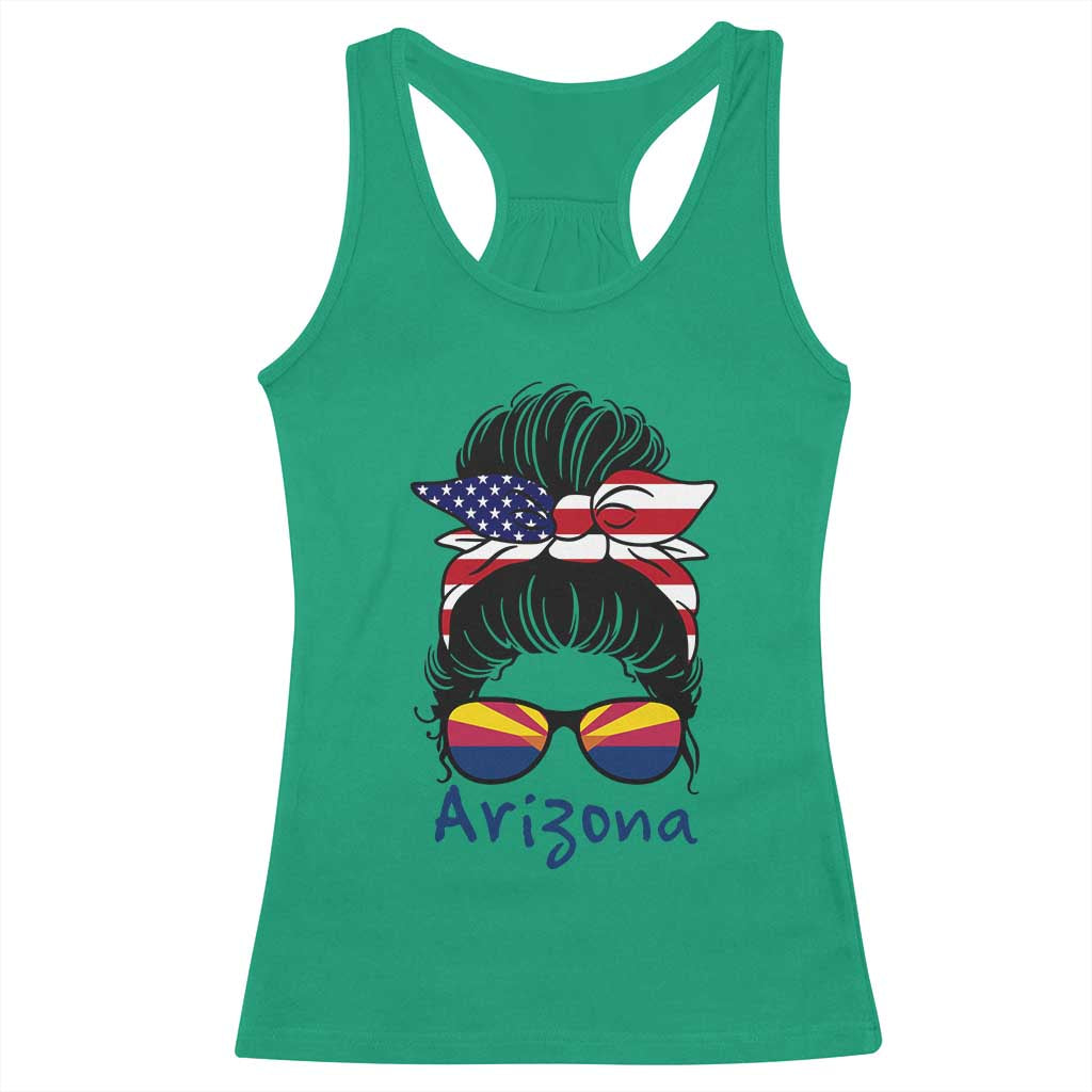 Patriotic Arizona Messy Bun Girl Graphic Racerback Tank Top American Flag Sunglasses Southwest State Pride Souvenir