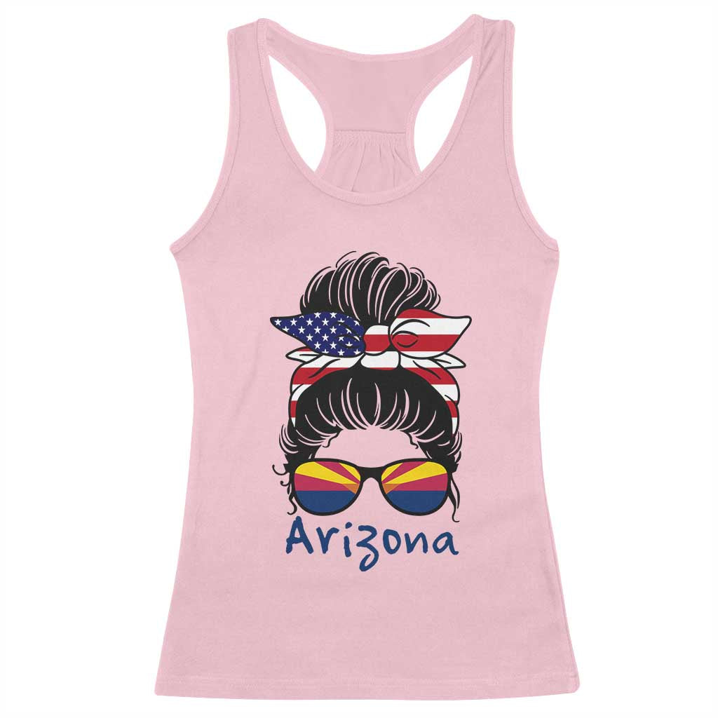 Patriotic Arizona Messy Bun Girl Graphic Racerback Tank Top American Flag Sunglasses Southwest State Pride Souvenir