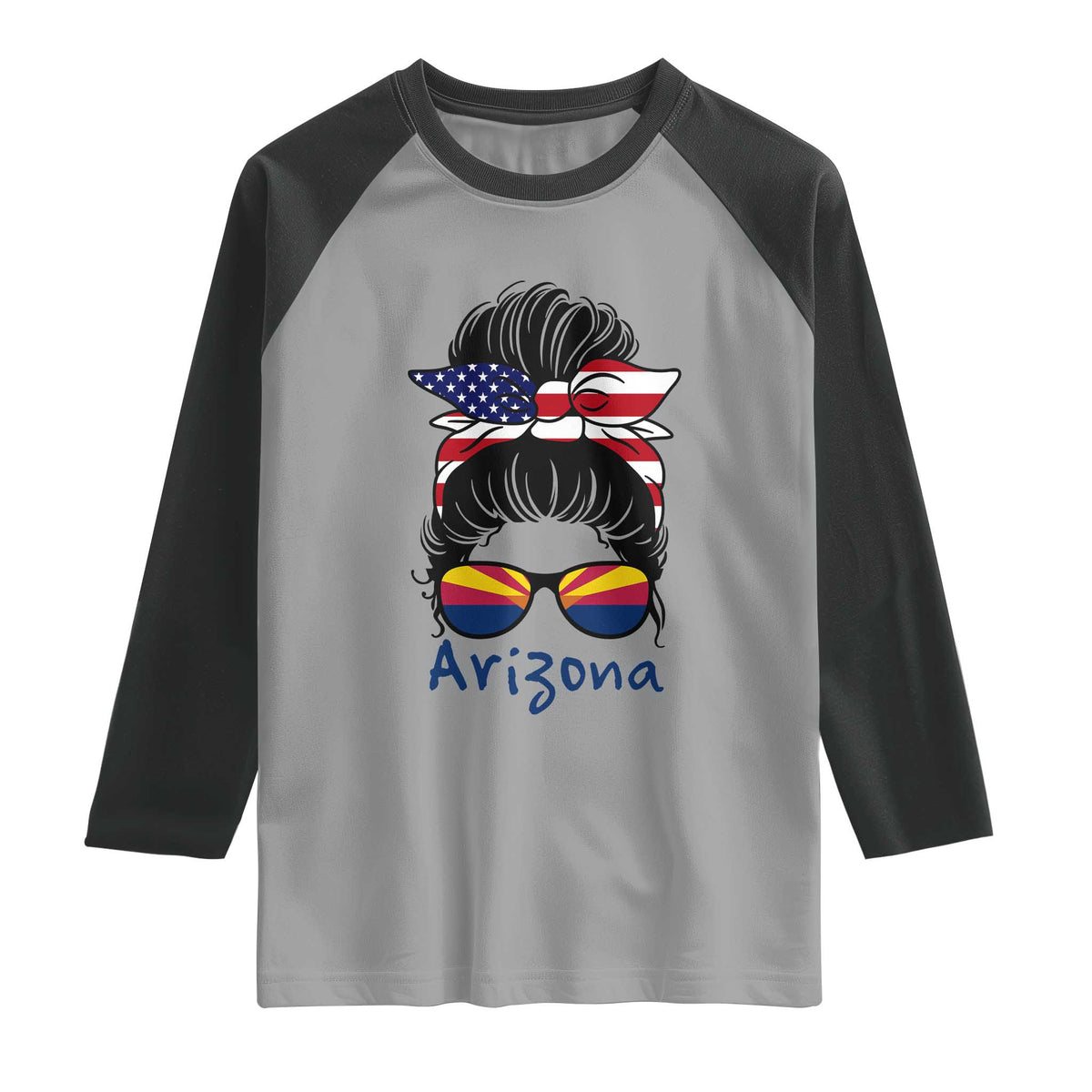 Patriotic Arizona Messy Bun Girl Graphic Raglan Shirt American Flag Sunglasses Southwest State Pride Souvenir