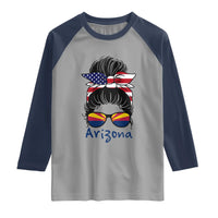 Patriotic Arizona Messy Bun Girl Graphic Raglan Shirt American Flag Sunglasses Southwest State Pride Souvenir