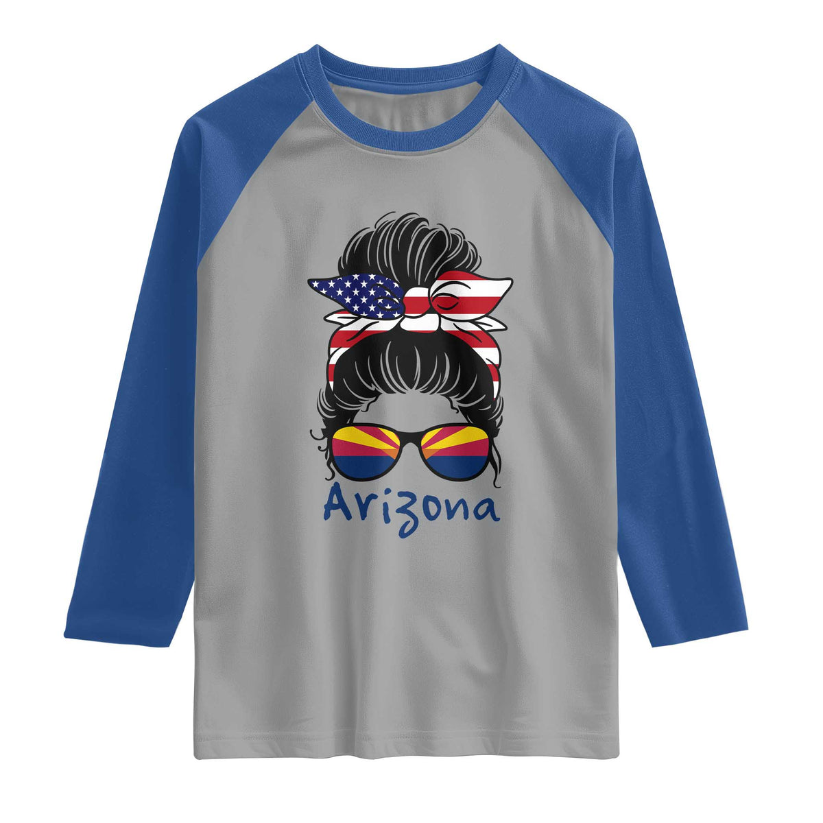 Patriotic Arizona Messy Bun Girl Graphic Raglan Shirt American Flag Sunglasses Southwest State Pride Souvenir
