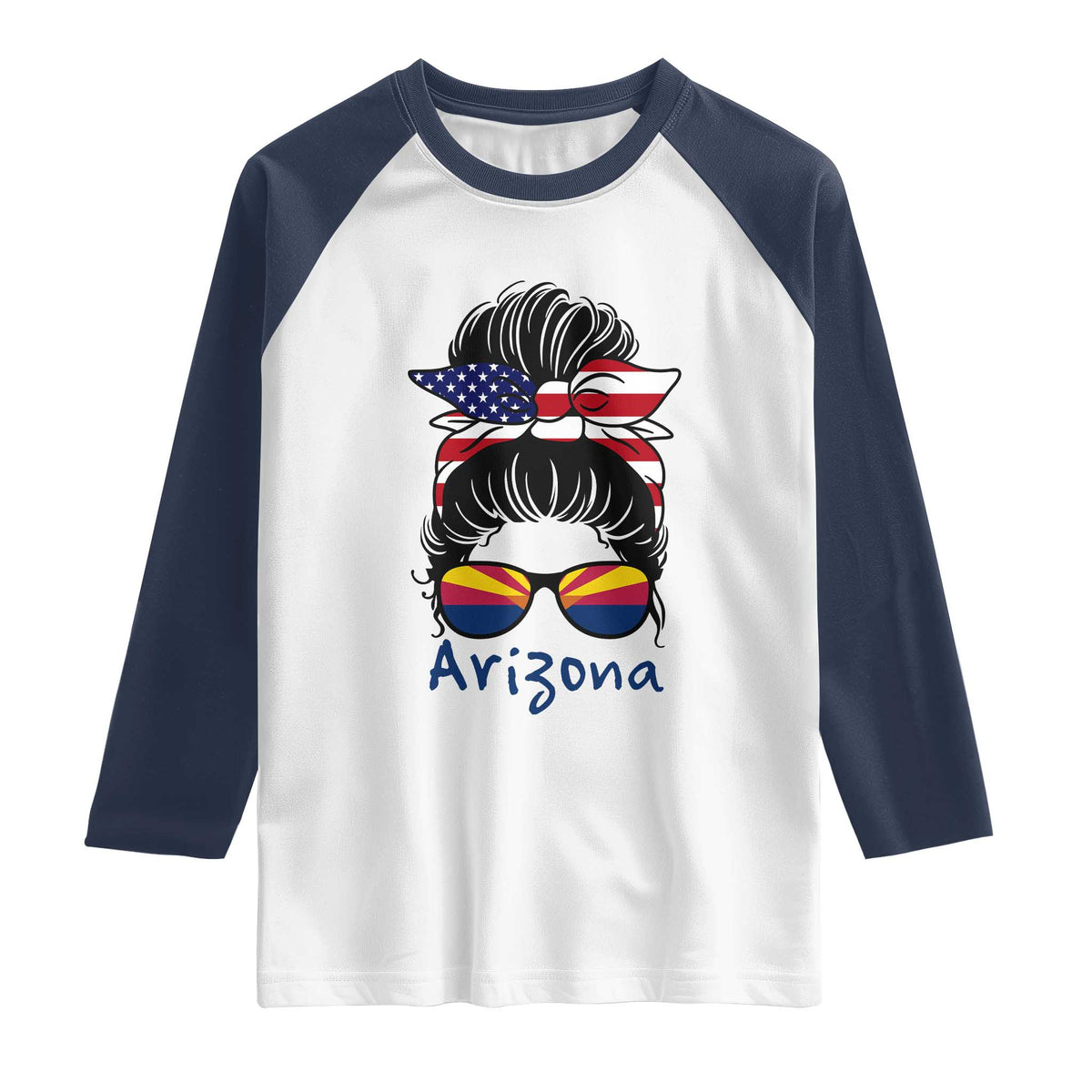 Patriotic Arizona Messy Bun Girl Graphic Raglan Shirt American Flag Sunglasses Southwest State Pride Souvenir