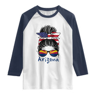 Patriotic Arizona Messy Bun Girl Graphic Raglan Shirt American Flag Sunglasses Southwest State Pride Souvenir
