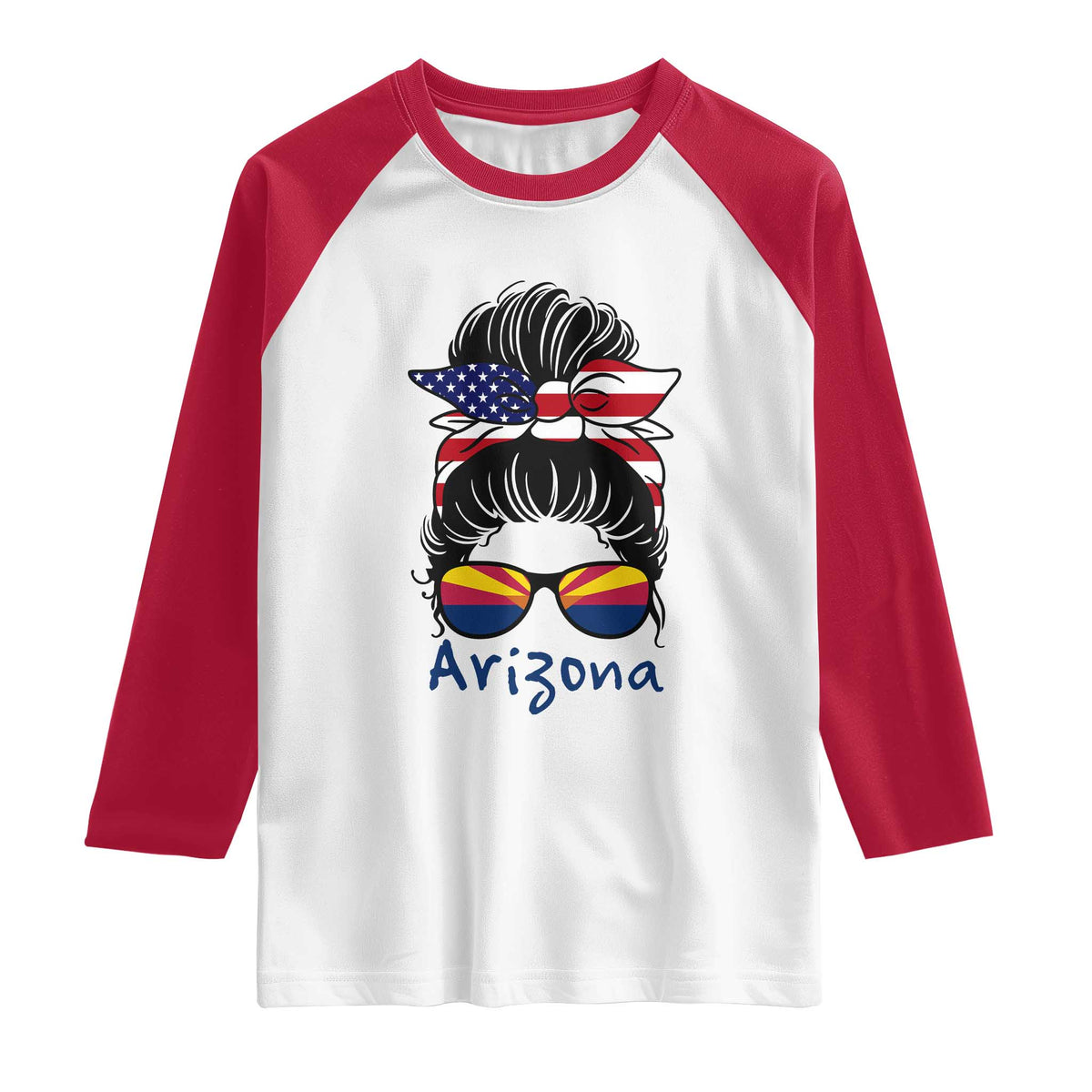 Patriotic Arizona Messy Bun Girl Graphic Raglan Shirt American Flag Sunglasses Southwest State Pride Souvenir