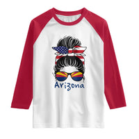 Patriotic Arizona Messy Bun Girl Graphic Raglan Shirt American Flag Sunglasses Southwest State Pride Souvenir