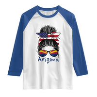 Patriotic Arizona Messy Bun Girl Graphic Raglan Shirt American Flag Sunglasses Southwest State Pride Souvenir