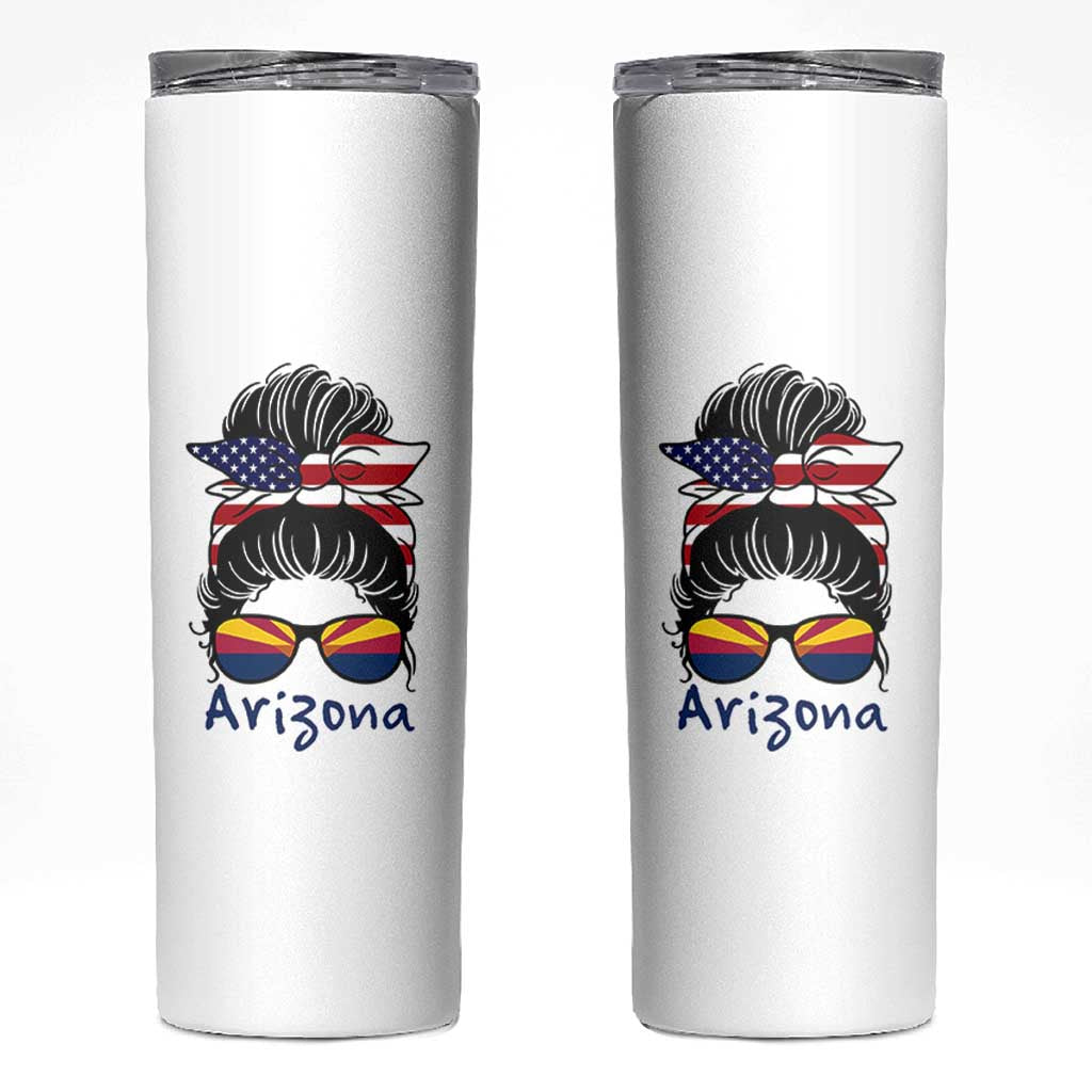 Patriotic Arizona Messy Bun Girl Graphic Skinny Tumbler American Flag Sunglasses Southwest State Pride Souvenir