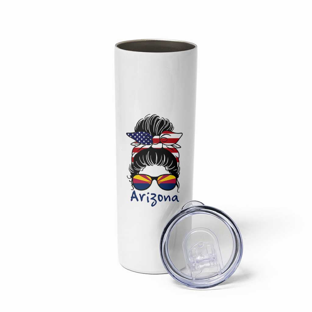 Patriotic Arizona Messy Bun Girl Graphic Skinny Tumbler American Flag Sunglasses Southwest State Pride Souvenir