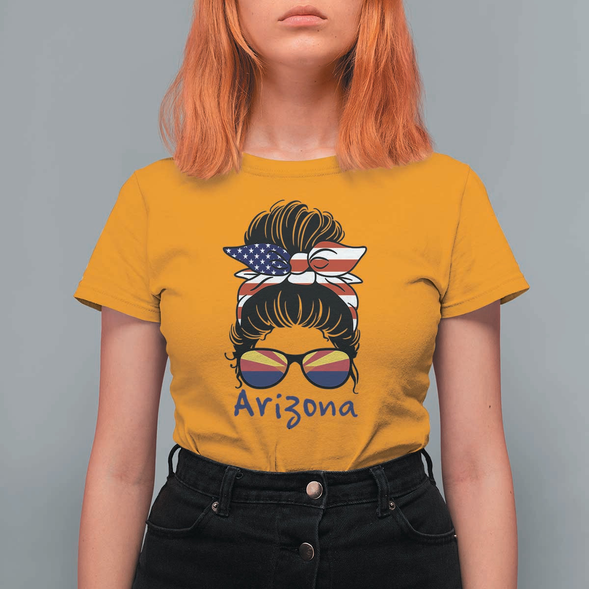 Patriotic Arizona Messy Bun Girl Graphic T Shirt For Women American Flag Sunglasses Southwest State Pride Souvenir