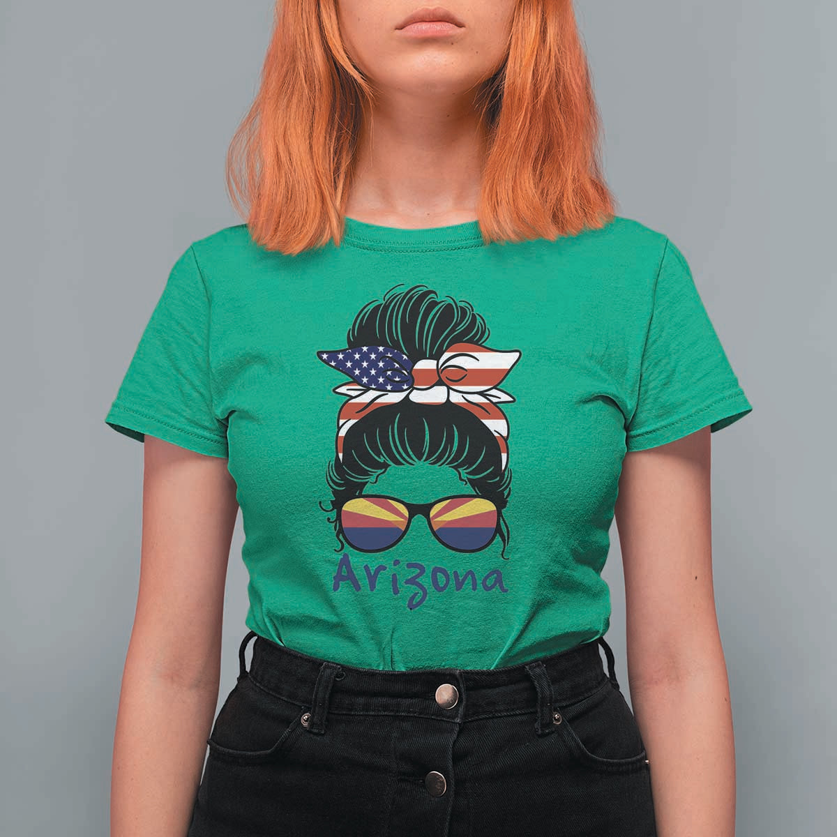 Patriotic Arizona Messy Bun Girl Graphic T Shirt For Women American Flag Sunglasses Southwest State Pride Souvenir