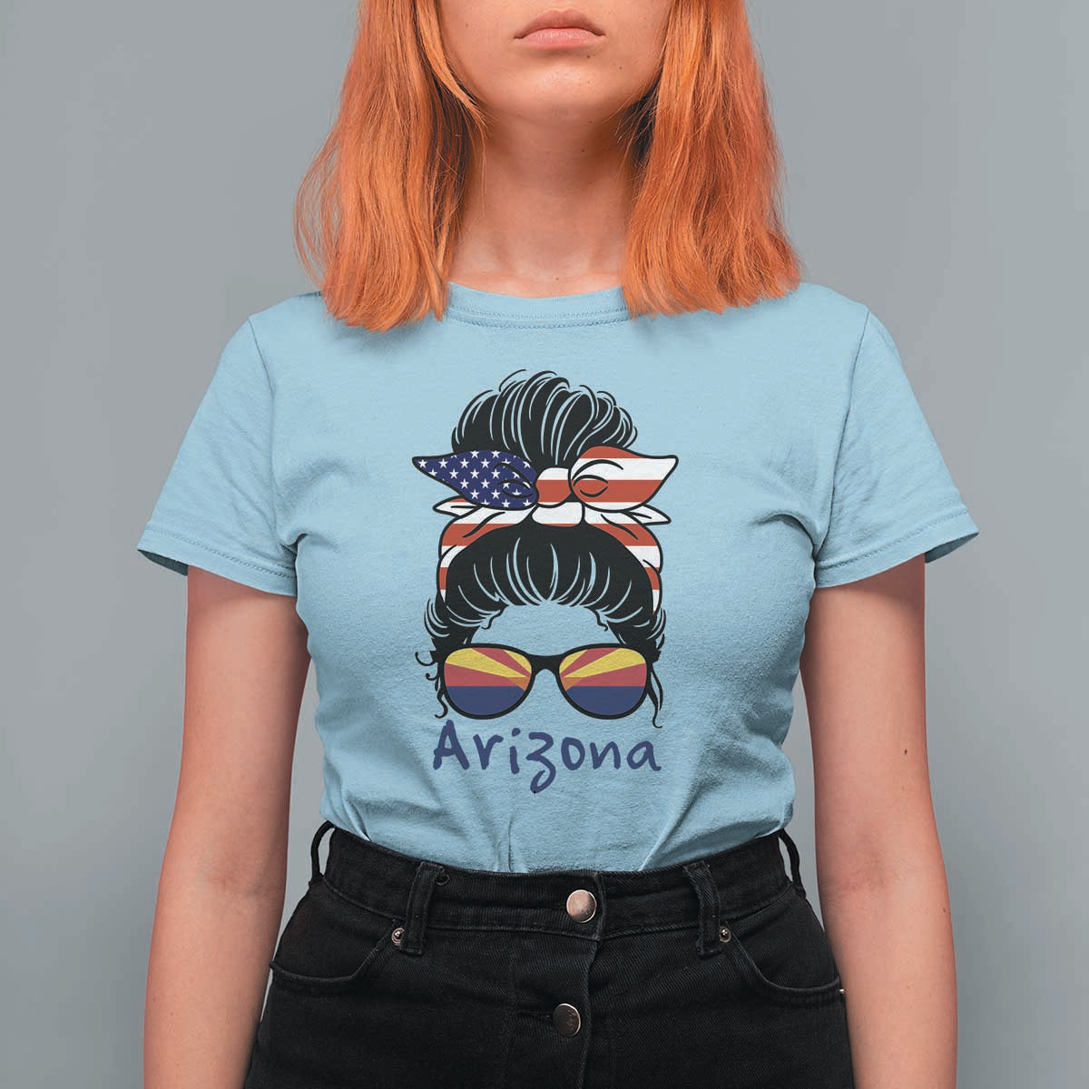 Patriotic Arizona Messy Bun Girl Graphic T Shirt For Women American Flag Sunglasses Southwest State Pride Souvenir